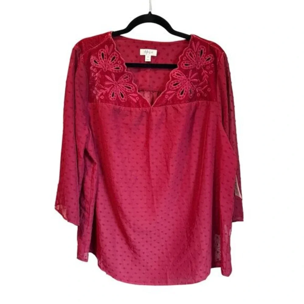 Style & Co Red Swiss Dot Embroidered Boho Blouse 1X Velvet Trim - Picture 2 of 9